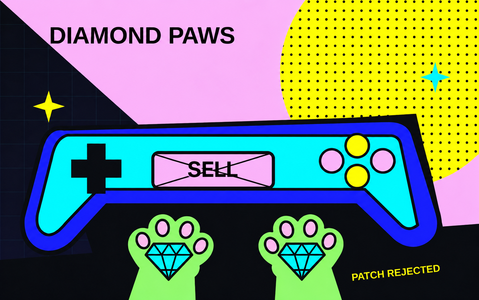 DIAMOND PAWS: two lime-green cat paws with cyan diamonds rise below a neon controller without touching it. The SELL button is crossed out. PATCH REJECTED.
